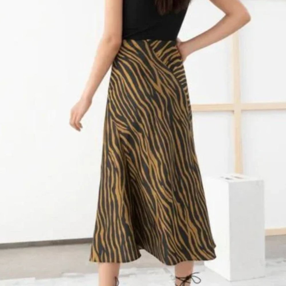 & Other Stories Tiger Stripe Black and Gold Flared Midi Skirt